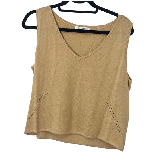 St. John White Label Tan V Neck Scallop Hem Sleeveless Shell Top Womens Medium - Picture 1 of 5